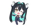  1girl accessories backless_bodysuit backless_outfit black_bodysuit black_hair bodysuit breasts chibi cleavage colored_inner_hair flower-shaped_hair folded_hair goddess_of_victory:_nikke hair_intakes halterneck highres large_breasts little_mermaid_(nikke) long_hair multicolored_hair see-through_bodysuit see-through_cleavage see-through_clothes solo twintails user_ggkk2747 very_long_hair yellow_eyes 