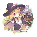  1girl bad_link bare_arms blonde_hair blush book boots brown_boots candle cape chibi closed_mouth dot_nose dress flat_chest full_body gloves hair_between_eyes hat hat_ribbon highres knee_boots light_smile little_witch_nobeta long_hair looking_at_viewer nobeta official_art phyllis_(cat)_(little_witch_nobeta) phyllis_(little_witch_nobeta) purple_hat red_eyes ribbon simple_background sleeveless sleeveless_dress solo statue striped_clothes striped_dress vertical-striped_clothes vertical-striped_dress very_long_hair white_background white_gloves witch witch_hat zettai_ryouiki 
