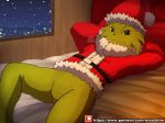  &gt;:3 :3 animal_humanoid anthro bed canine christmas clothed clothing cosplay dr._seuss featureless_crotch fur green_fur grey_eyes grinch hat headgear hi_res holidays how_the_grinch_stole_christmas humanoid inside jacket looking_at_viewer lying male mammal night on_back smile snow solo winick-lim 