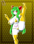 absurd_res anthro big_breasts bikini breasts choker clothing derthevaporeon female generation_3_pokemon gesture gold_bikini golden_week green_hair hair hand_gesture hi_res jewelry kirlia long_hair looking_at_viewer micro_bikini necklace nintendo pokemon pokemon_(species) raised_leg red_eyes smile solo swimwear two-piece_swimsuit v_sign womb_tattoo