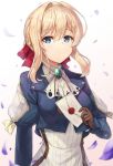  bangs blonde_hair blue_eyes blue_jacket braid commentary dress eyebrows_visible_through_hair gloves hair_between_eyes hair_intakes hair_ribbon highres jacket jewelry letter long_hair long_sleeves looking_at_viewer motokonut parted_lips petals red_ribbon ribbon solo upper_body violet_evergarden violet_evergarden_(character) 