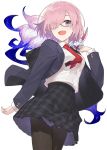  :d :o bag black-framed_eyewear black_jacket black_legwear black_skirt blazer blush breasts collared_shirt cowboy_shot creature creature_on_shoulder duffel_bag eyebrows_visible_through_hair eyes_visible_through_hair fate/grand_order fate_(series) fou_(fate/grand_order) from_below glasses hair_over_one_eye hayashi_kewi jacket legs_together long_sleeves looking_at_viewer looking_down mash_kyrielight medium_breasts medium_skirt necktie open_clothes open_jacket open_mouth pantyhose pink_hair plaid plaid_skirt pleated_skirt purple_eyes red_neckwear school_bag school_uniform shiny shiny_hair shirt short_hair simple_background skirt smile solo standing white_background white_shirt wing_collar 