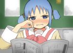  1girl averting_eyes blue_eyes blue_hair blush bow bowtie classroom clenched_teeth commentary_request cube_hair_ornament furrowed_brow grimace hair_ornament half-closed_eyes hand_on_own_cheek hand_on_own_face indoors locker naganohara_mio naganoharamiomio newspaper nichijou red_bow red_bowtie sailor_collar school_uniform short_hair short_twintails solo teeth tokisadame_school_uniform twintails v-shaped_eyebrows white_sailor_collar 