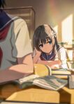  2girls absurdres black_hair blue_eyes book classroom flower hair_flower hair_ornament highres long_hair looking_to_the_side multiple_girls neckerchief pension_z red_neckerchief sailor_collar saten_ruiko school_uniform serafuku shirt short_sleeves sitting toaru_kagaku_no_railgun toaru_majutsu_no_index white_shirt 