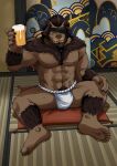 2024 abs alcohol anthro arm_hair asian_clothing barefoot beard beer belly_hair beverage blush body_hair brown_hair bulge chest_hair clothed clothing drinking drinking_beer drunk east_asian_clothing eyes_closed facial_hair fangs feet felid final_fantasy final_fantasy_xiv forearm_hair forearm_muscles forearms fundoshi fundoshi_only grin hair hairy hairy_legs hand_on_knee hand_on_leg hi_res hrothgar inside japanese_clothing male mammal manly muscular muscular_legs muscular_thighs naikuma navel nipples pecs shoulder_hair sitting smile solo spread_legs spreading square_enix substance_intoxication tatami teeth topless underwear underwear_only