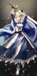  ahoge armor armored_dress arms_up artoria_pendragon_(all) blonde_hair blue_cape blue_eyes braid cape commentary_request crown excalibur fate/stay_night fate_(series) french_braid gauntlets highres holding holding_sword holding_weapon noes saber solo sword weapon 