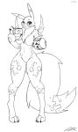  2018 armwear beverage black_and_white black_sclera book breasts bridal_gauntlets canine clothing coffee data_(wouhlven) digimon eyewear featureless_breasts featureless_crotch female glasses jeffthehusky long_tail mammal markings monochrome nude reading renamon sketch smile standing 