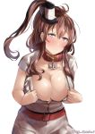  belt belt_buckle blouse blush breasts brown_eyes brown_hair buckle cleavage collarbone dress juurouta kantai_collection large_breasts leaning_forward long_hair looking_at_viewer neckerchief open_blouse open_clothes purple_eyes red_belt red_neckwear saratoga_(kantai_collection) short_sleeves side_ponytail simple_background solo twitter_username upper_body white_background white_blouse white_dress 