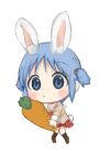  1girl animal_ear_fluff animal_ears black_socks blue_eyes blue_hair bow bowtie brown_shoes carrot chibi chibi_only closed_mouth cube_hair_ornament full_body hair_ornament holding holding_carrot light_blush loafers long_sleeves looking_at_viewer naganohara_mio naganoharamiomio nichijou pigeon-toed plaid_clothes plaid_skirt pleated_skirt rabbit_ears rabbit_tail red_bow red_bowtie red_skirt sailor_collar school_uniform shoes short_hair short_twintails simple_background skirt socks solo tail tokisadame_school_uniform twintails white_background white_sailor_collar 