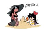  2girls :3 bare_shoulders beach bikini black_bikini black_hair blush_stickers bow bow_hairband breasts closed_mouth detached_sleeves dress elbow_gloves english_text glasgow_smile gloves hair_bow hairband highres jaggy_lines large_breasts long_hair looking_at_viewer multicolored_hair multiple_girls noss_&amp;_zakuro noss_(rariatto) pointy_ears rariatto_(ganguri) red_bow red_hairband sand sand_castle sand_sculpture shovel smile streaked_hair swimsuit trowel vampire wavy_mouth white_hair yellow_bikini zakuro_(rariatto) 