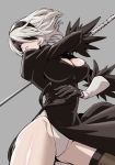  black_blindfold black_hairband blindfold breasts commentary_request covered_eyes hairband highres hirakata_masahiro juliet_sleeves large_breasts leotard long_sleeves mole mole_under_mouth nier_(series) nier_automata puffy_sleeves white_leotard yorha_no._2_type_b 