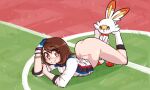 3_toes anthro arched_back ass_up bent_legs big_butt bodily_fluids bottomless bottomless_female bottomless_human brown_eyes brown_hair butt cheek_tuft clothed clothing duo exposed_butt facial_tuft feet female female_on_anthro footwear fur generation_8_pokemon gloria_(pokemon) gloves grass hair hand_on_head handwear happy hi_res human human_on_anthro interspecies lagomorph larger_female larger_human leporid looking_at_butt looking_at_viewer lying lying_on_ground male male/female male_on_human mammal multicolored_body multicolored_fur nervous_sweat nintendo no_underwear on_back on_ground orange_body orange_ears orange_fur orange_toes partially_clothed plant pokemon pokemon_(species) pokephilia polygonheart pose presenting presenting_hindquarters scorbunny shaded shirt short_hair size_difference smaller_anthro smaller_male smile socks sportswear standing sweat sweatdrop teasing toes topwear tuft two_tone_body two_tone_fur unavailable_at_source white_body white_fur yellow_inner_ear