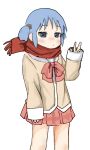  1girl blue_eyes blue_hair blush bow bowtie closed_mouth cube_hair_ornament feet_out_of_frame hair_ornament highres jitome light_blush long_sleeves looking_at_viewer naganohara_mio naganoharamiomio nichijou nose_blush plaid_clothes plaid_skirt pleated_skirt red_bow red_bowtie red_scarf red_skirt sailor_collar scarf school_uniform short_hair short_twintails simple_background skirt solo standing tokisadame_school_uniform twintails v white_background white_sailor_collar 