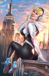  1girl absurdres ass bird black_bodysuit blonde_hair blue_eyes blue_shoes bodysuit building city cloud day empire_state_building eyebrow_piercing headphones highres looking_at_viewer looking_back marvel mike_krome multicolored_bodysuit new_york_city outdoors piercing shoes sitting skyscraper sneakers solo spider-gwen spider-man_(series) white_bird white_bodysuit 