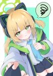 1girl 1other absurdres alternate_hairstyle animal_ear_headphones animal_ears aqua_background black_shorts black_thighhighs blonde_hair blue_archive blue_necktie blush border bright_pupils buttons cat_ear_headphones cat_ears clenched_hand closed_mouth collared_shirt commentary_request cowboy_shot dot_nose dutch_angle eyes_visible_through_hair fake_animal_ears green_eyes green_halo green_jacket green_sleeve_cuffs halo hand_up headphones highres hood hood_down hooded_jacket jacket legs_together long_sleeves looking_at_viewer medium_hair midori_(blue_archive) nanamiya_nagi necktie no_hair_bow open_clothes open_jacket outside_border outstretched_arm pov pulling_another&#039;s_clothes school_uniform shirt shirt_tucked_in short_shorts shorts sidelocks simple_background sleeve_cuffs sleeve_pull spoken_squiggle squiggle standing tearing_up thighhighs twintails v-shaped_eyebrows wavy_mouth white_border white_jacket white_pupils white_shirt wide_sleeves 