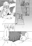  1girl alternate_hairstyle anzu_(ensemble_stars!) bed comic ensemble_stars! greyscale hospital_bed hospital_gown koyane_(58co) long_hair monochrome necktie petting ponytail school_uniform short_hair sidelocks smile tenshouin_eichi translated yumenosaki_school_uniform 