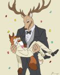 4:5 anthro antlers black_tie_(suit) bouquet bow_tie canid canine clothing collared_shirt confetti deer digit_ring duo flower flower_bouquet fluffy fluffy_tail formal_wear fox fur horn jewelry kemono male male/male mammal multicolored_body multicolored_fur necktie orange_body orange_fur plant ring riseidokokana shirt size_difference suit tail tan_body tan_fur topwear turnabout two_tone_body two_tone_fur wedding wedding_ring