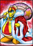 2014 anthro artist_name asian_clothing avian beak bird black_border black_eyebrows blue_body blue_eyes blue_feathers border cageyshick05_(artist) character_name clothed clothed_anthro clothed_male clothing coat colored colored_pencil_(artwork) east_asian_clothing english_description eyebrows feathers footwear full-length_portrait fully_clothed fully_clothed_anthro fully_clothed_male gem hammer handwear hat headgear headwear holding_hammer holding_melee_weapon holding_object holding_tool holding_weapon japanese_clothing kimono king king_dedede kirby_(series) light lighting male marker_(artwork) melee_weapon mittens nintendo orange_clothing orange_footwear orange_shoes penguin portrait red_background red_clothing red_coat red_hat red_headwear red_topwear royalty sapphire_(gem) shaded shoes simple_background solo standing teeth text tools toothed_beak toothy_grin topwear traditional_media_(artwork) weapon yellow_beak yellow_clothing yellow_handwear yellow_kimono yellow_mittens