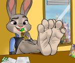  2017 3_toes 4_fingers anthro barefoot buckteeth clothing digital_media_(artwork) disney feet female fingers foot_focus hi_res holding_object humanoid_feet humanoid_hands inside judy_hopps lagomorph lazzylad long_ears mammal open_mouth photo police_uniform purple_eyes rabbit soles solo teeth toes uniform window zootopia 