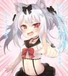  :d anchor_choker animal_ears azur_lane bangs bare_arms bare_shoulders black_bow black_choker black_skirt bow bowtie breasts choker commentary_request crop_top emphasis_lines eyebrows_visible_through_hair fang hair_between_eyes hair_bow koko_ne_(user_fpm6842) long_hair medium_breasts midriff navel open_mouth pleated_skirt red_eyes red_neckwear school_uniform serafuku shirt silver_hair skirt sleeveless sleeveless_shirt smile solo translation_request twintails white_shirt yukikaze_(azur_lane) 