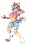  2006 anthro blue_eyes breasts brown_hair canine clothing female hair kabuki_homewood legwear long_hair mammal nipple_bulge open_mouth open_zipper pants ponytail simple_background socks solo standing surprise torn_clothing traditional_media_(artwork) transformation white_background wolf 