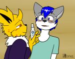 anthro badtoki blue_eyes blue_hair blush breasts canid canine canis clothed clothing duo female fiona_(artist) fur generation_1_pokemon grey_body grey_fur hair horn hybrid_pokemon male male/female mammal markings neck_tuft nida_(darknido) nidorina nintendo orange_body orange_fur pokemon pokemon_(species) pregnancy_test spots spotted_body spotted_fur taq tuft wolf yellow_body yellow_fur