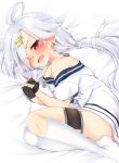  ahoge ass azur_lane bandaid bandaid_on_nose bite_mark blush clothes_writing commentary_request cross cross_earrings dog_tags downes_(azur_lane) earrings fang fingerless_gloves gloves hair_ornament jewelry long_hair lying mole mole_under_eye nnyara off_shoulder on_bed on_side open_mouth red_eyes shirt single_thighhigh solo tears thigh_strap thighhighs white_hair 