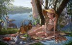  3girls animal apple apron arm_support basket bikini bikini_skirt blonde_hair book bottle cheese closed_eyes cup dappled_sunlight day dock dress eikoh food fruit grapes grass hat highres horse knife lake leaning_to_the_side long_hair looking_at_viewer maid maid_apron maid_headdress multiple_girls nature original outdoors picnic picnic_basket sandals sandwich scenery shoes sitting smile straw_hat sunlight swimsuit teacup teapot tree twintails unworn_shoes v water 