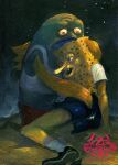 2023 acrylic_painting_(artwork) ambiguous_gender anthro artist_logo artist_name bottomwear clothed clothed_anthro clothing duo english_description eyelashes fish green_body hi_res holding_another ivan_the_terrible_and_his_son_ivan logo male_(lore) marine nickelodeon painting_(artwork) pants sea_sponge spongebob_squarepants spongebob_squarepants_(character) text torn_bottomwear torn_clothing torn_pants traditional_painting_(artwork) wafalo what yellow_body