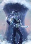  1girl asymmetrical_bangs black_hair blue_eyes blue_theme braid cone_hair_bun cuffs double_bun hair_bun handcuffs heart_on_chest highres jojo_no_kimyou_na_bouken kujo_jolyne makeup midriff multicolored_hair nolvini single_braid solo spider_web_print stone_ocean string tattoo two-tone_hair waves wristband 
