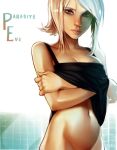  artist_name aya_brea blonde_hair blue_eyes bottomless breasts cleavage commentary copyright_name groin looking_at_viewer medium_breasts navel no_bra no_panties out-of-frame_censoring parasite_eve parted_lips solo stomach typo_(requiemdusk) undressing wall 