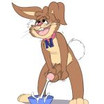 absurd_res anthro ball_fondling balls bent_legs bent_over blush bodily_fluids bowl buckteeth container cum cum_in_bowl cum_in_container cumshot ejaculation fondling foreskin genital_fluids genitals hi_res lagomorph leporid male mammal mascot masturbation nesquik nesquik_bunny open_mouth penile penile_masturbation penis rabbit retracted_foreskin solo sweat teeth twerpishimp
