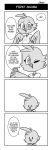  4koma avian bird breasts cellphone clothed clothing comic feathers female fluffysmolcloud greyscale looking_at_viewer meme monochrome non-mammal_breasts one_eye_closed phone shirt smile solo tweetfur twitter wings wink 