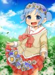  1girl :d birthday blue_eyes blue_hair blue_sky bow bowtie cloud cloudy_sky commentary_request cowboy_shot cube_hair_ornament field flower flower_field flower_request hair_ornament half-closed_eyes head_wreath highres lens_flare light_blush long_sleeves looking_at_viewer naganohara_mio naganoharamiomio nichijou open_mouth outdoors petals plaid_clothes plaid_skirt pleated_skirt red_bow red_bowtie red_skirt sailor_collar school_uniform short_hair short_twintails skirt skirt_basket skirt_hold sky smile solo standing sunlight tokisadame_school_uniform twintails white_sailor_collar 