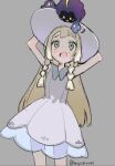  blonde_hair blush braid cosmog dress eyelashes green_eyes grey_background hat kurobeko_(kur0bek0) lillie_(pokemon) long_hair on_head open_mouth pokemon pokemon_(creature) pokemon_on_head pokemon_sm sleeveless sleeveless_dress sweatdrop twin_braids twitter_username white_dress white_hat 