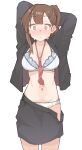  1girl arms_behind_head black_jacket black_skirt blush bra breasts brown_eyes brown_hair closed_mouth collarbone highres jacket kotobuki_hisako large_breasts looking_at_viewer missing_commentary navel necktie open_clothes open_mouth open_skirt panties red_necktie s10021 seitokai_ni_mo_ana_wa_aru! simple_background skirt solo stomach sweat underwear white_background white_bra white_panties 