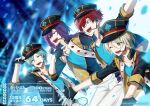  4boys :d ;d alkaloid_(ensemble_stars!) amagi_hiiro arm_up ayase_mayoi black_gloves black_hat black_jacket black_shirt blonde_hair blue_eyes blue_hair blue_shirt blurry blurry_background blurry_foreground club_(shape) collarbone confetti copyright_name copyright_notice countdown dated diamond_(shape) dutch_angle ensemble_stars! eyes_visible_through_hair fingerless_gloves fingernails gloves green_eyes hair_between_eyes hand_on_headwear hand_on_own_chest hand_up hat headset heart high_collar indoors jacket kazehaya_tatsumi leaning_forward logo long_hair looking_ahead male_focus mole mole_under_eye mole_under_mouth multicolored_jacket multiple_boys multiple_moles ninahachi official_alternate_costume official_art one_eye_closed open_clothes open_jacket open_mouth outstretched_arm outstretched_arms pants parted_bangs peaked_cap purple_eyes purple_hair red_hair sharp_teeth shiratori_aira_(ensemble_stars!) shirt short_hair sidelocks smile spade_(shape) stage_lights teeth three-quarter_sleeves turning_head two-sided_fabric two-sided_jacket two-tone_shirt white_pants 
