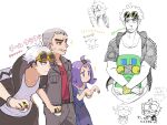  1girl 2boys acerola_(pokemon) armlet belt blue_dress charjabug commentary_request dress grey_hair grin guzma_(pokemon) hands_up highres holding holding_poke_ball hood hooded_jacket jacket jewelry multiple_boys multiple_views nanu_(pokemon) nihilego nyoripoke open_clothes open_jacket pants partially_colored poke_ball pokemon pokemon_(creature) pokemon_sm purple_hair red_eyes red_shirt round_eyewear shirt short_hair short_sleeves smile sparkle sunglasses teeth translation_request ultra_ball white_background white_hair white_shirt wooper yellow-framed_eyewear 