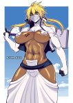  1girl abs aqua_eyes artist_name bleach blonde_hair breast_tattoo breasts butter_sugoi clenched_hand cloud commentary cowboy_shot dark-skinned_female dark_skin hammer highres holding holding_hammer mask mouth_mask number_tattoo quad_tails revealing_clothes shiny_skin shrug_(clothing) skirt solo tattoo tier_harribel underboob white_shrug white_skirt 