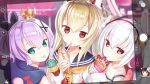  :&lt; :p animal_ears ayanami_(azur_lane) azur_lane bangs bare_shoulders black_ribbon blonde_hair blurry blurry_background bunny_ears capriccio cellphone closed_mouth commentary_request crepe crown depth_of_field double_scoop eyebrows_visible_through_hair food gloves green_eyes hair_between_eyes hair_ornament hair_ribbon hairband head_tilt headgear holding holding_food ice_cream ice_cream_cone iphone jacket javelin_(azur_lane) laffey_(azur_lane) long_hair long_sleeves looking_at_viewer looking_back mini_crown multiple_girls partial_commentary phone phone_screen pink_jacket ponytail purple_hair red_eyes red_hairband ribbon shirt sidelocks silver_hair sleeveless sleeveless_shirt sleeves_past_wrists smartphone strap_slip tongue tongue_out translated twintails white_camisole white_gloves white_shirt yamashiro_(azur_lane) 