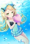  atelier_(series) atelier_shallie bare_legs blonde_hair blue blue_background blue_bow blue_swimsuit bow bubble covered_navel cowboy_shot curly_hair curry_korokke expressionless green_eyes hair_bow heart jitome long_hair looking_at_viewer miruca_crotze solo swimsuit underwater 
