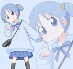  1girl bag blue_background blue_bow blue_bowtie blue_eyes blue_hair blue_sailor_collar blue_skirt blue_sweater blue_theme bow bowtie cube_hair_ornament hair_ornament highres looking_at_viewer naganohara_mio nichijou owlz sailor_collar school_uniform serafuku short_twintails shoulder_bag simple_background skirt sweater tokisadame_school_uniform twintails v zoom_layer 
