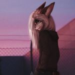  2018 alenkavoxis anthro canine clothed clothing day detailed_background digital_media_(artwork) female mammal outside pink_nose red_eyes sky solo standing 