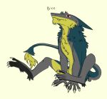 anthro brom_(sahurus) bromsergal claws displeased fangs fur green_body green_fur grey_body grey_fur hi_res kerkat.exe male pawpads paws red_eyes sergal sitting solo tail tail_tuft teeth tuft yellow_body yellow_fur