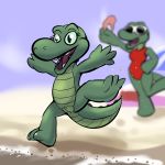  2018 angie_(study_partners) animal_genitalia anthro beach cloaca clothed clothing crocodile crocodilian cub digital_media_(artwork) duo female nude open_mouth outside pussy reptile running scalie seaside simple_background smile swimsuit teeth thunderouserections young 