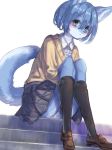  1girl artist_request blue_eyes blue_hair fox furry school_uniform short_hair solo stocking 