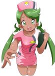  blush_stickers breasts clipboard cropped_legs dark_skin dress employee_uniform green_eyes green_hair hat highres looking_at_viewer mao_(pokemon) medium_breasts nurse nurse_cap ookamiuo open_mouth pink_dress pokemon pokemon_(anime) pokemon_sm_(anime) short_sleeves smile solo uniform 