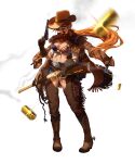  1girl absurdres american_flag american_flag_bikini american_flag_print bikini black_gloves blue_shorts boots breasts brown_boots brown_hair brown_hat brown_jacket chaps cigar colt_single_action_army cowboy_boots cowboy_hat cowboy_western cowgirl_(western) dark_skin flag_print floating_hair fringe_trim full_body gloves green_eyes gun hand_up hat highres jacket jacket_on_shoulders looking_at_viewer looking_over_eyewear medium_breasts midriff navel original ponytail print_bikini revolver shell_casing sheriff_badge shirt short_shorts shorts shotgun simple_background solo sowasi spurs stomach sunglasses swimsuit tied_shirt weapon white_background white_shirt 