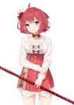  1girl absurdres atelier_(series) atelier_sophie_2 blush braid breasts closed_mouth collarbone commentary_request cowboy_shot flower hair_flower hair_ornament high-waist_skirt highres holding long_sleeves medium_breasts pleated_skirt puffy_long_sleeves puffy_sleeves red_eyes red_flower red_hair red_skirt shirt short_hair simple_background skirt sleeves_past_wrists smile solo sophie_neuenmuller white_background white_shirt yukaa 