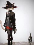  1girl absurdres animal animal_ears arknights black_dress black_hat black_jacket black_thighhighs cat cat_ears cat_girl cat_tail commentary dress grey_hair hands_in_pockets hat haze_(arknights) highres iii37998258 jacket pointy_hat tail thighhighs walking 
